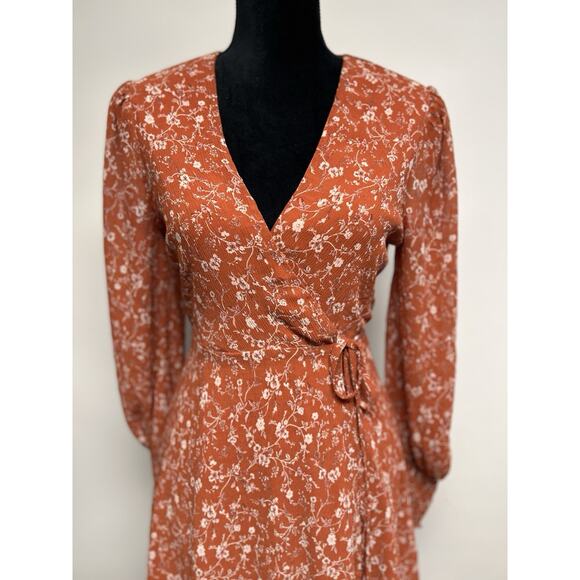 LULUS Wrap Mini Dress Rust Orange Small Floral Long Sleeve V-neck Cottage Boho - Picture 2 of 9